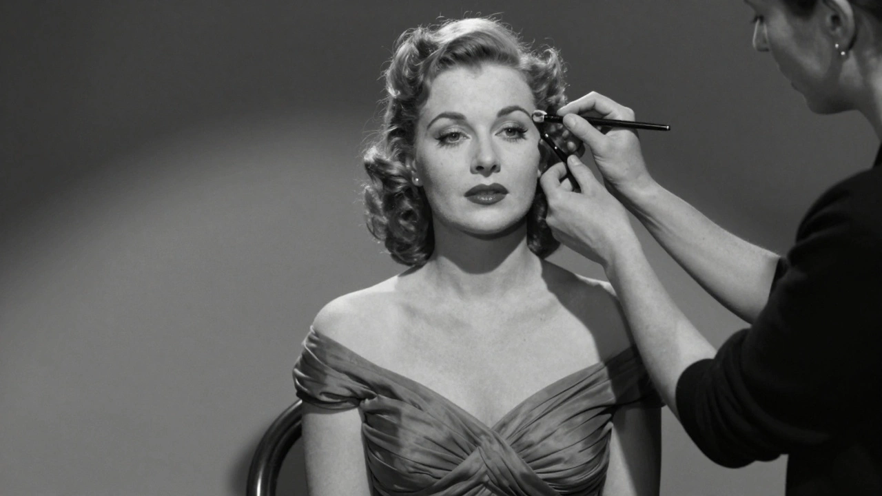 Vintage B&amp;W photo of a glamorous actress having makeup applied, looking tired and controlled