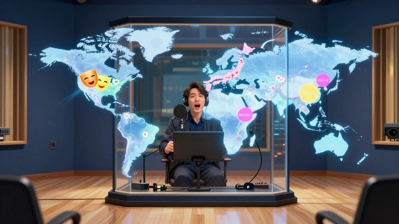 Voice actor in studio with global cultural maps