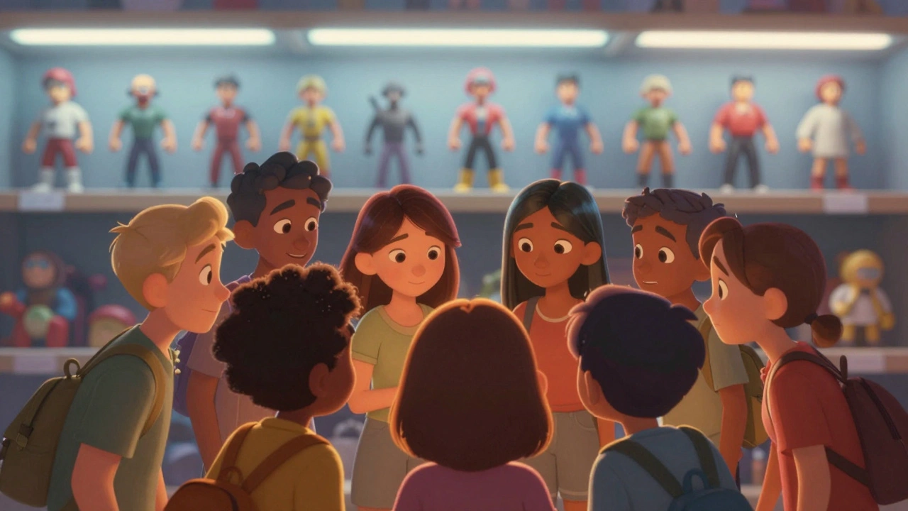Warm connected characters in foreground vs cold merchandise shelves behind