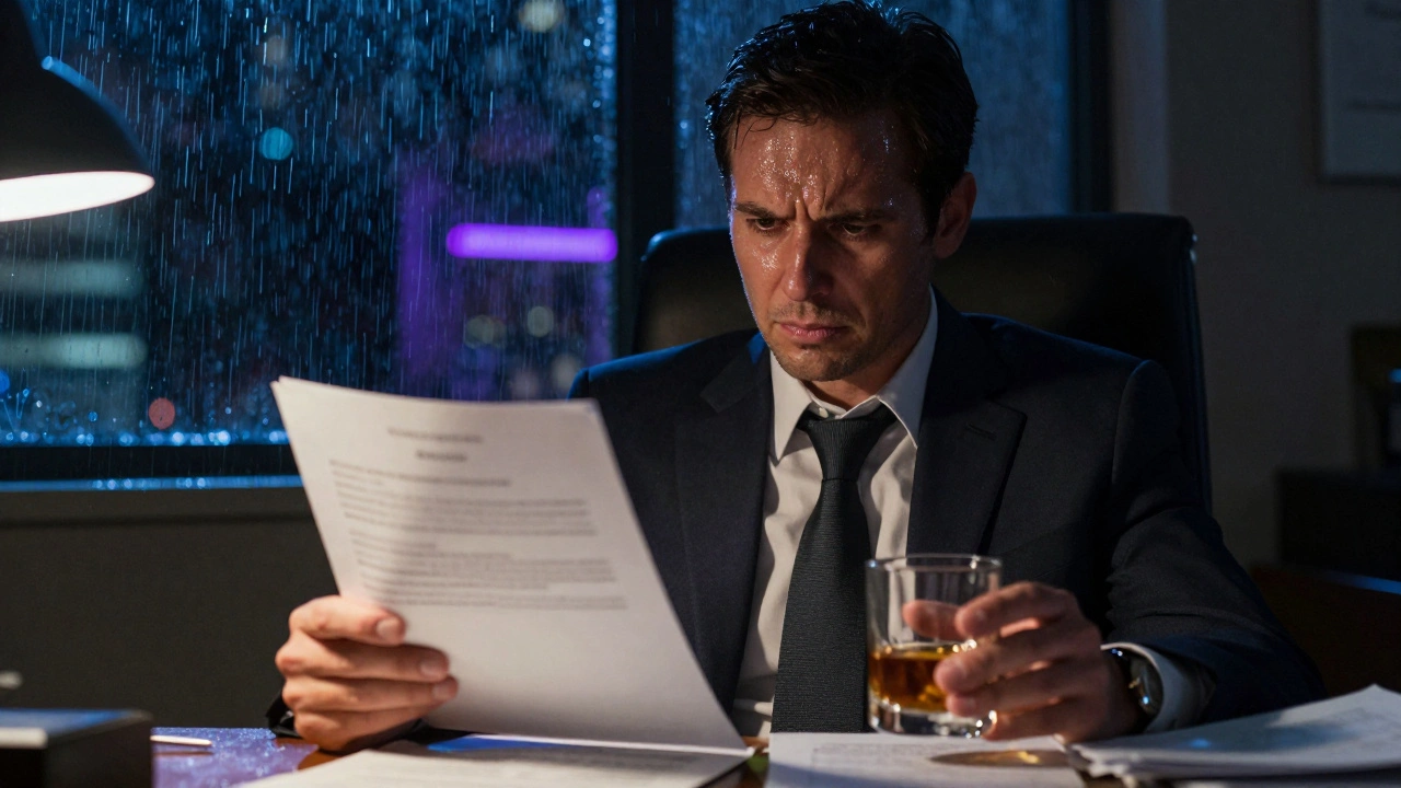 Weary lawyer holding documents and whiskey in a rain-streaked office at night.