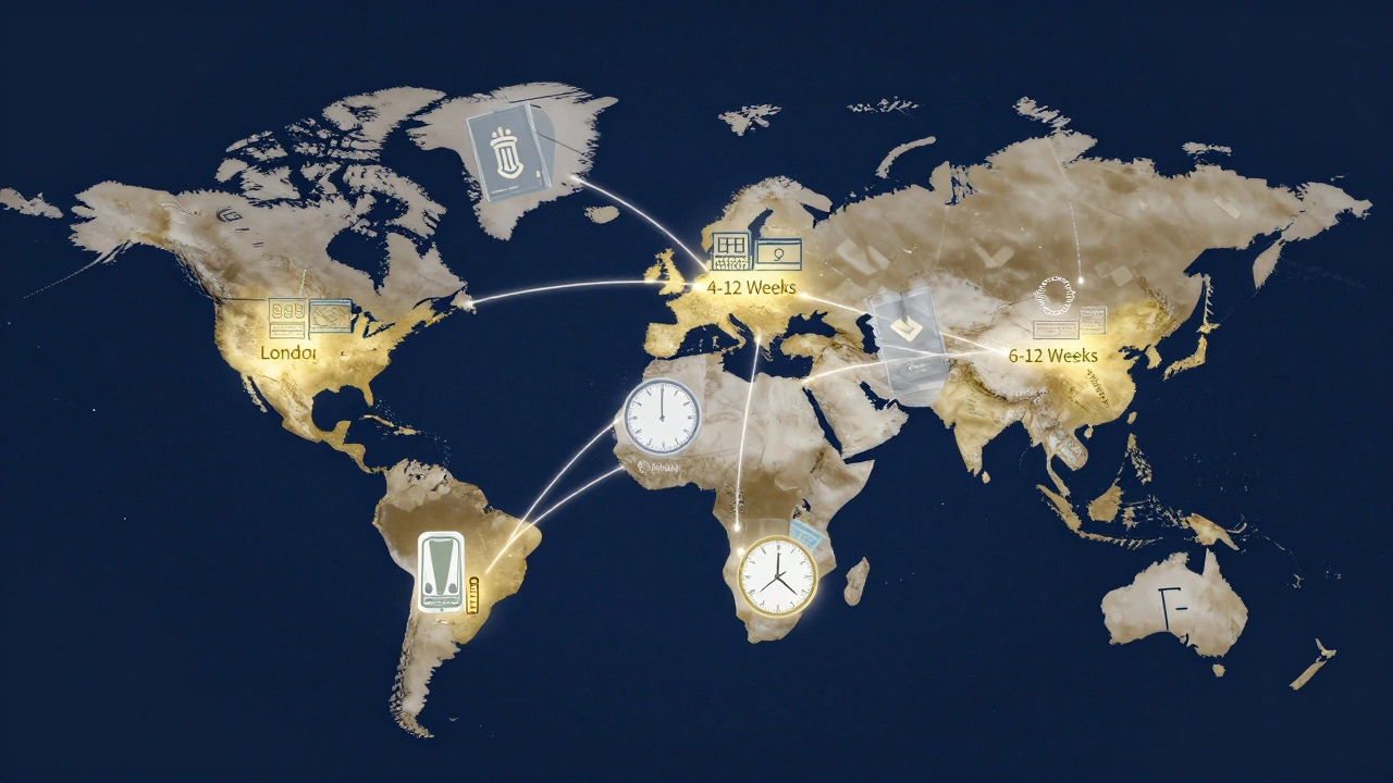 World map with glowing lines and icons showing visa processing times