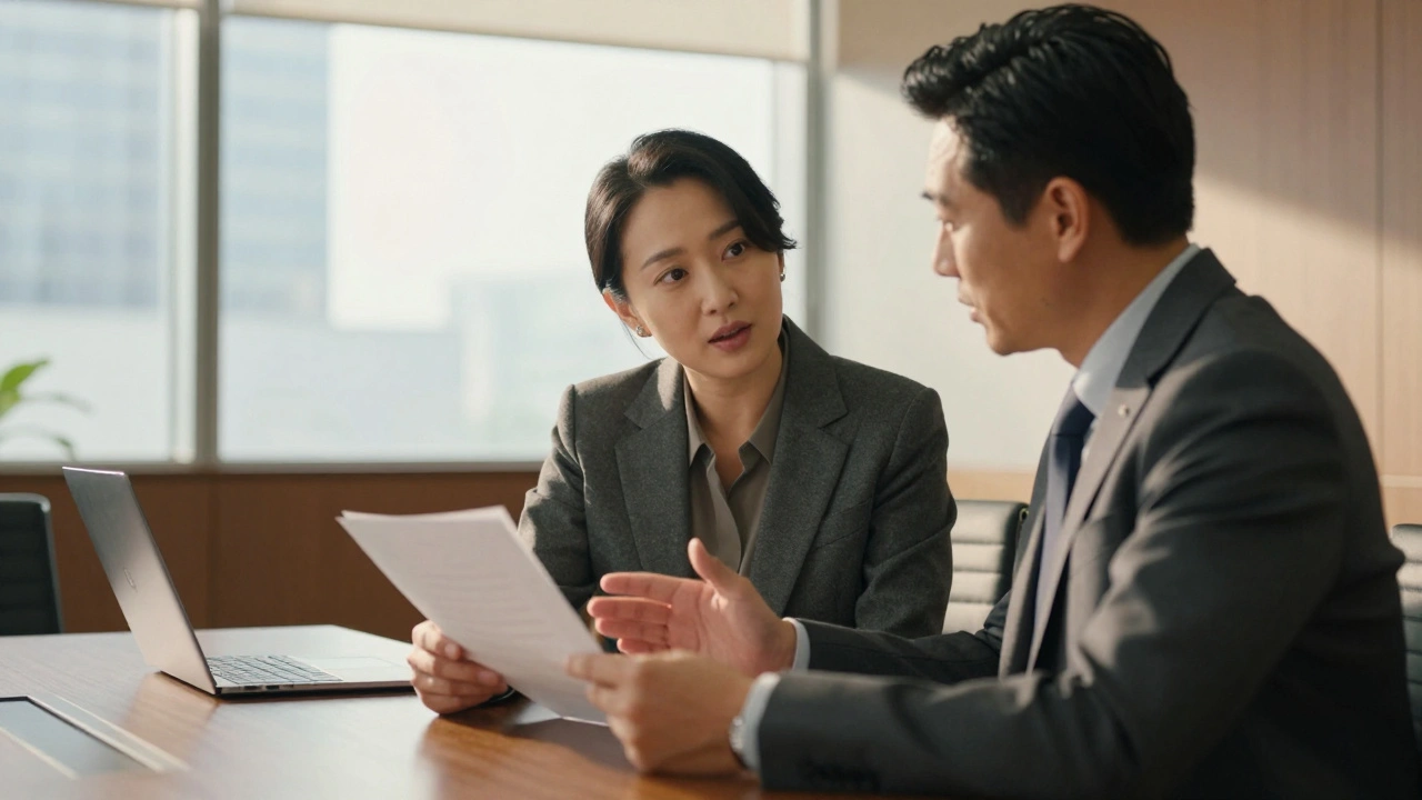 Writer and producer collaborating calmly over script notes in an office