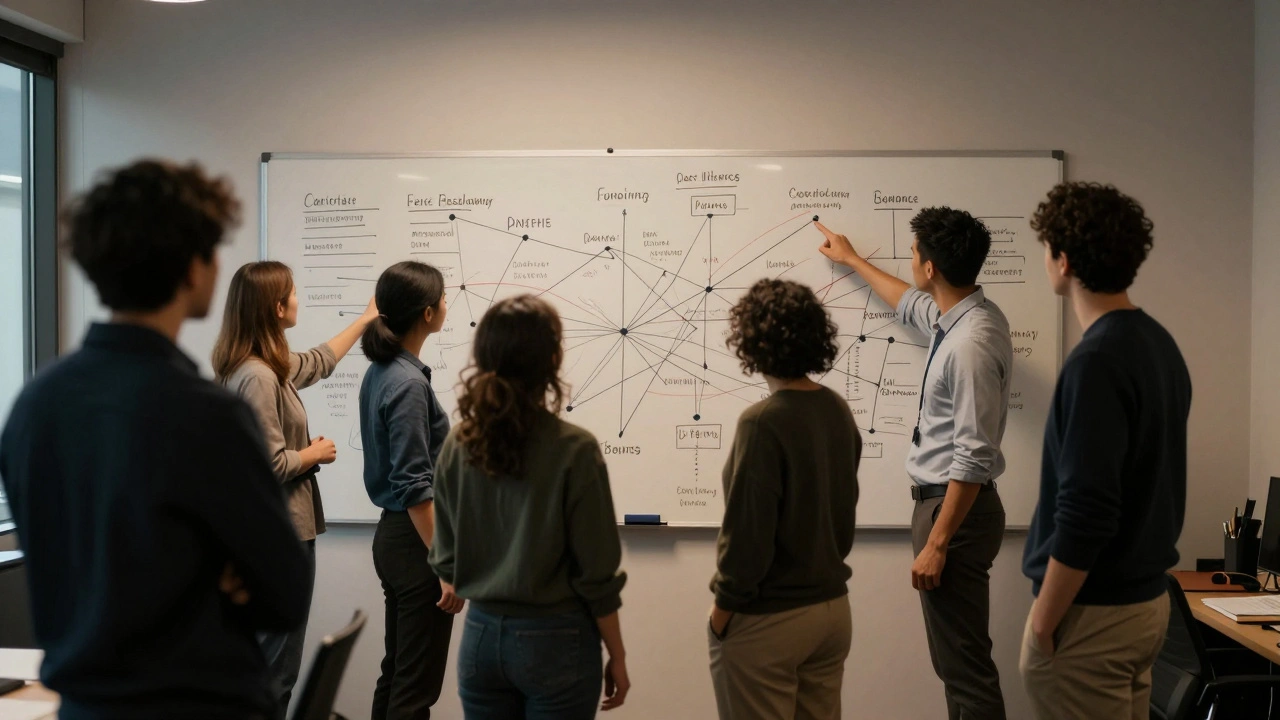 Writers mapping out complex storylines on a large whiteboard