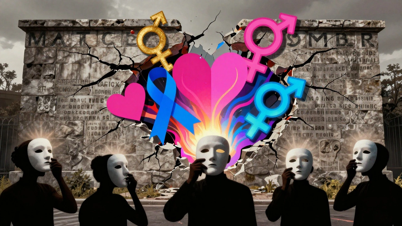 Abstract art showing vibrant symbols bursting through a cracking censorship wall.