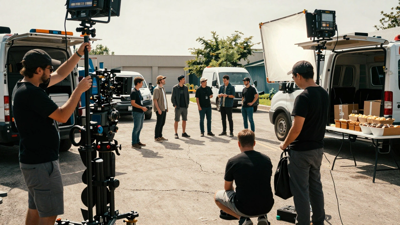 Busy indie film set with crew, cameras, lighting, and catering tables