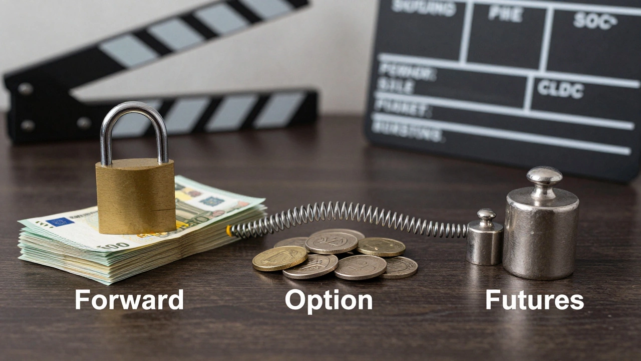 Clapperboard next to padlocks and springs symbolizing forward, option, and futures contracts