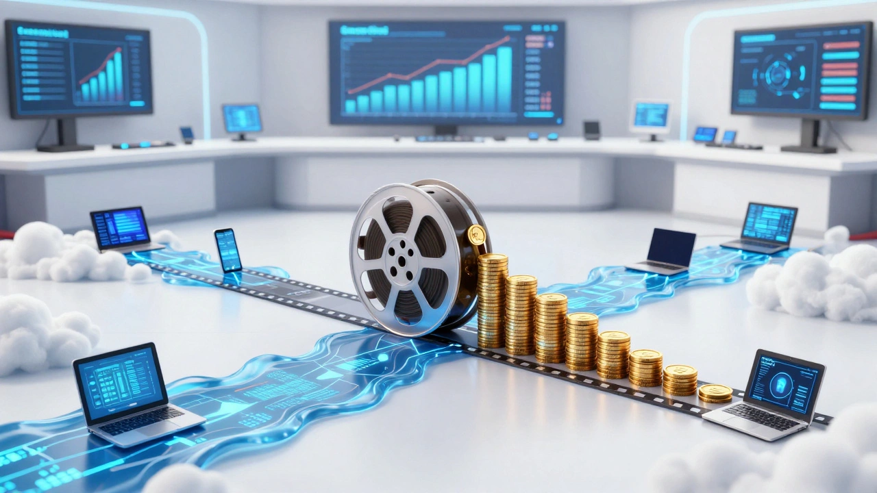 Conceptual art showing film reels splitting into box office coins and digital streaming data streams.