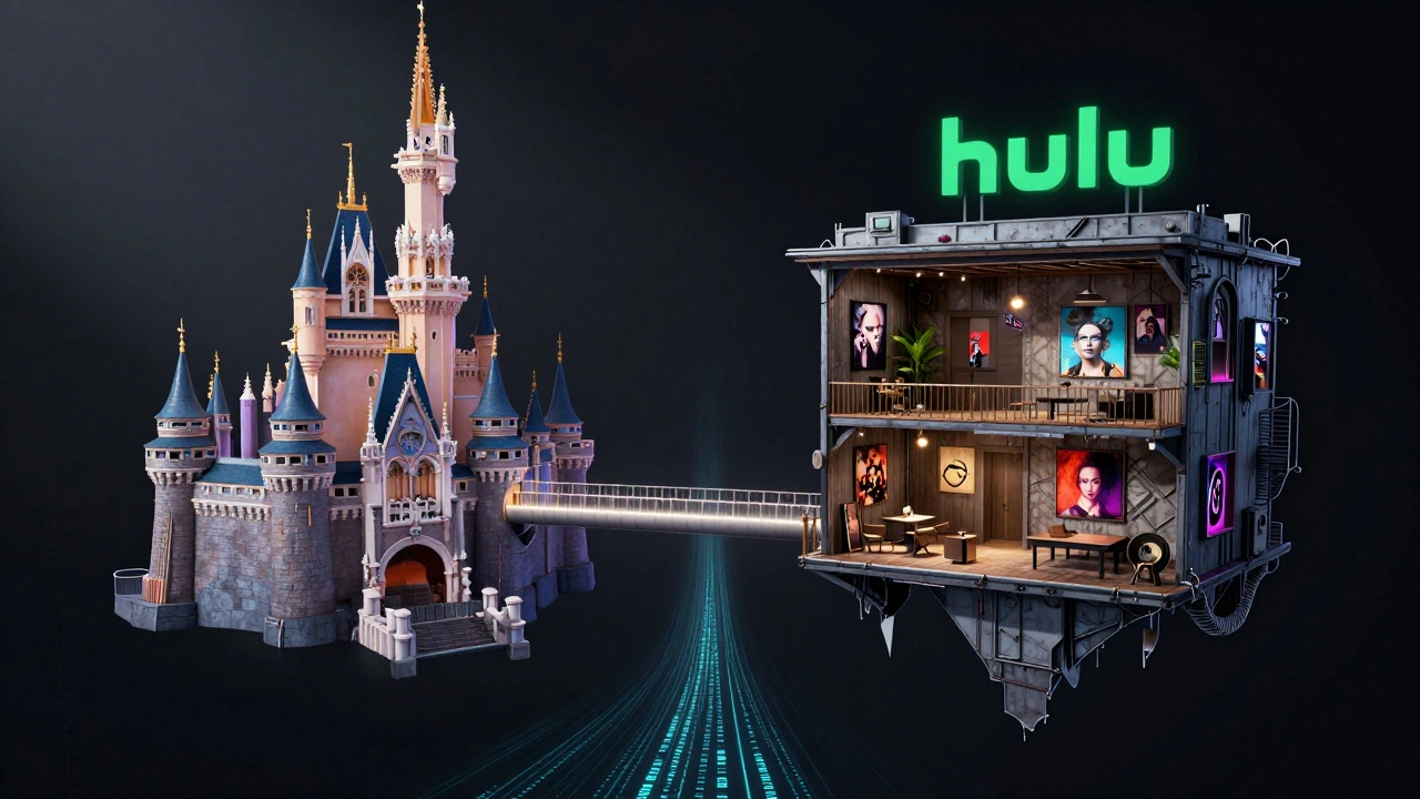Conceptual art showing Hulu and Disney+ platforms linked together