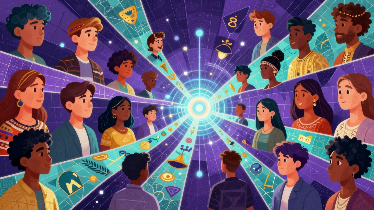 Digital art of diverse communities connecting through storytelling
