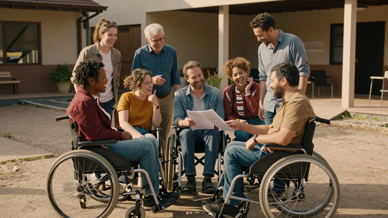 Diverse disabled actors and crew collaborating joyfully on an accessible film set