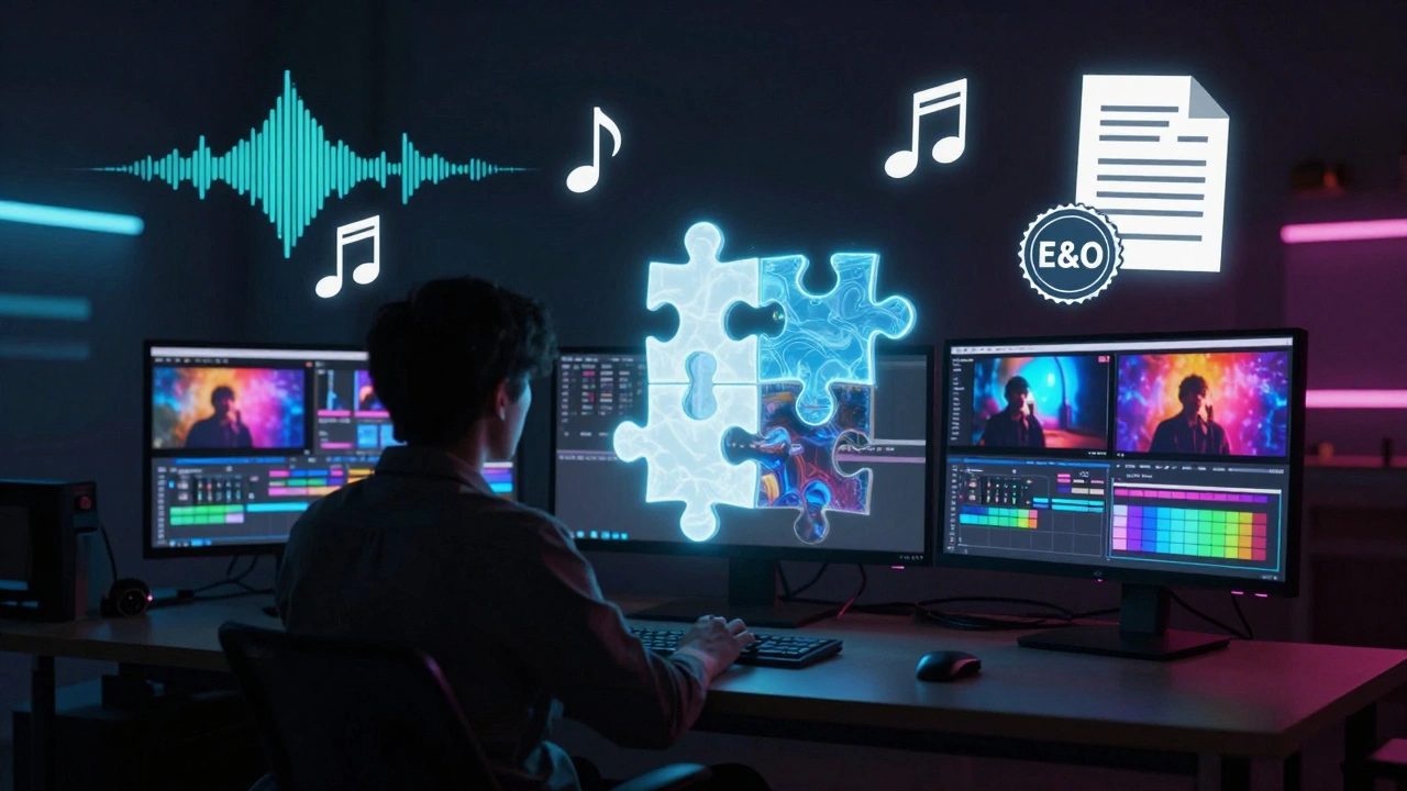 Editor at workstation with floating icons for sound, color, and legal docs