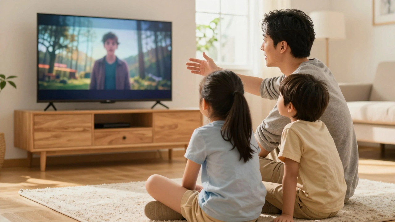 Family discussing movie content together on the floor in a sunlit living room.