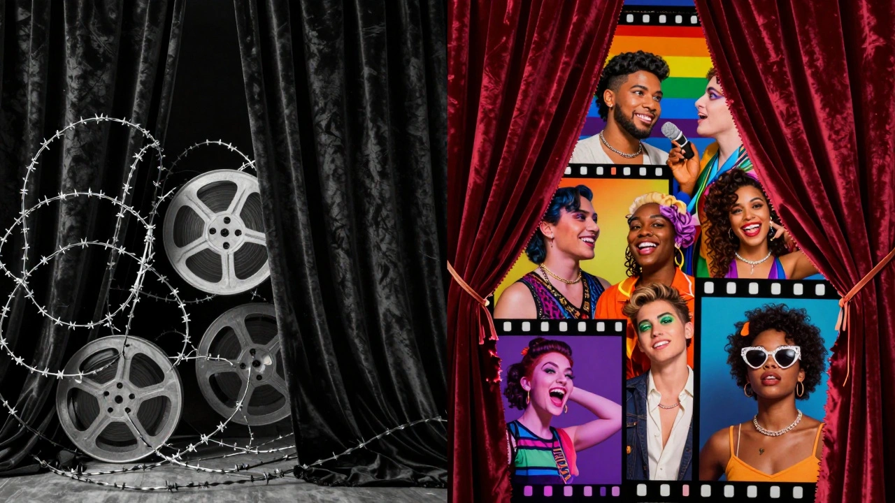 Film reels emerging from dark curtains into vibrant color, symbolizing queer cinematic liberation