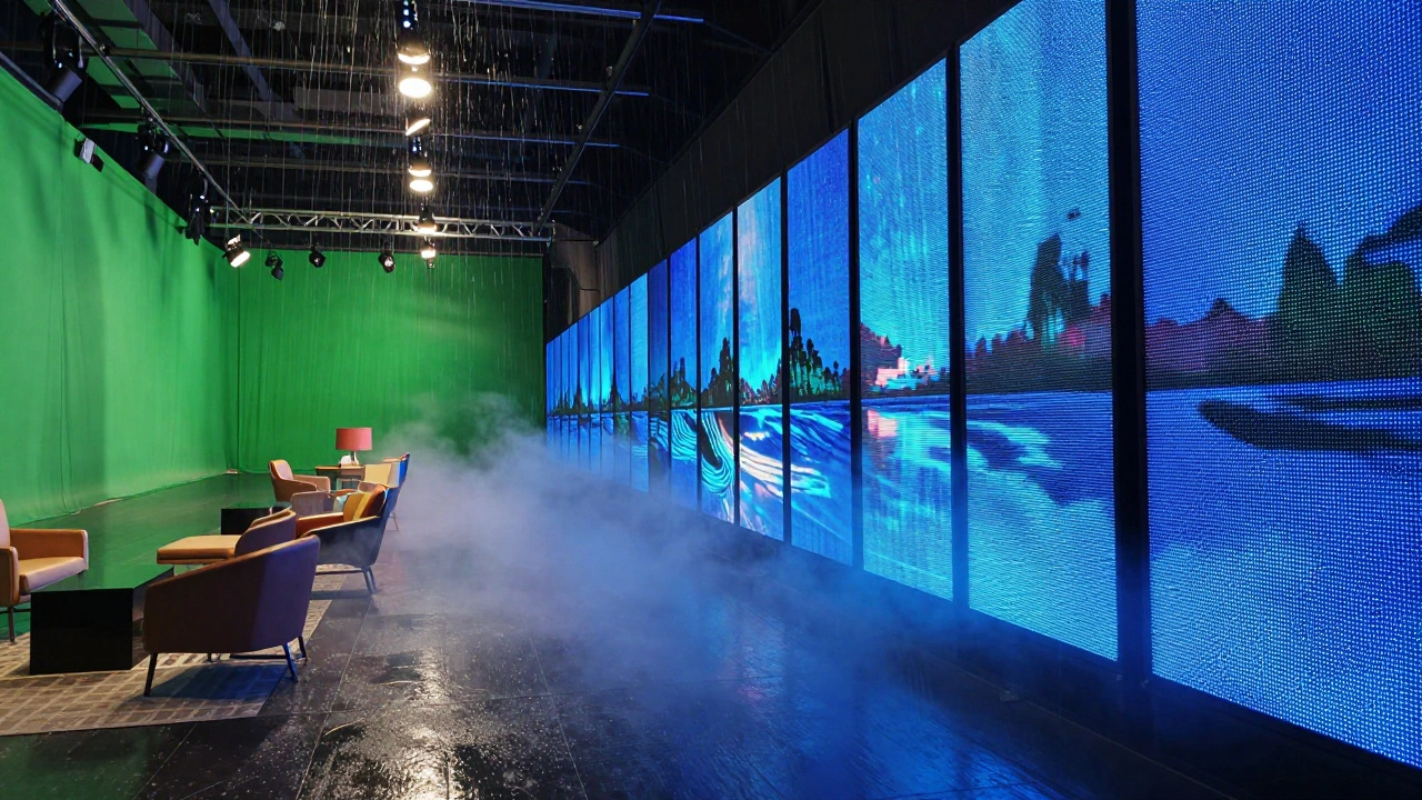 Film set using forced perspective, green screens, and LED volumes