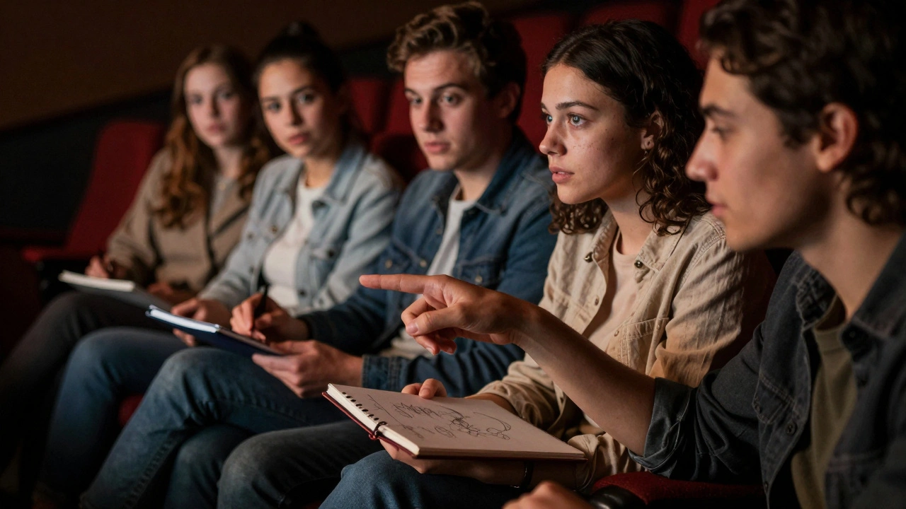 Friends analyzing movie details together in a cozy cinema setting