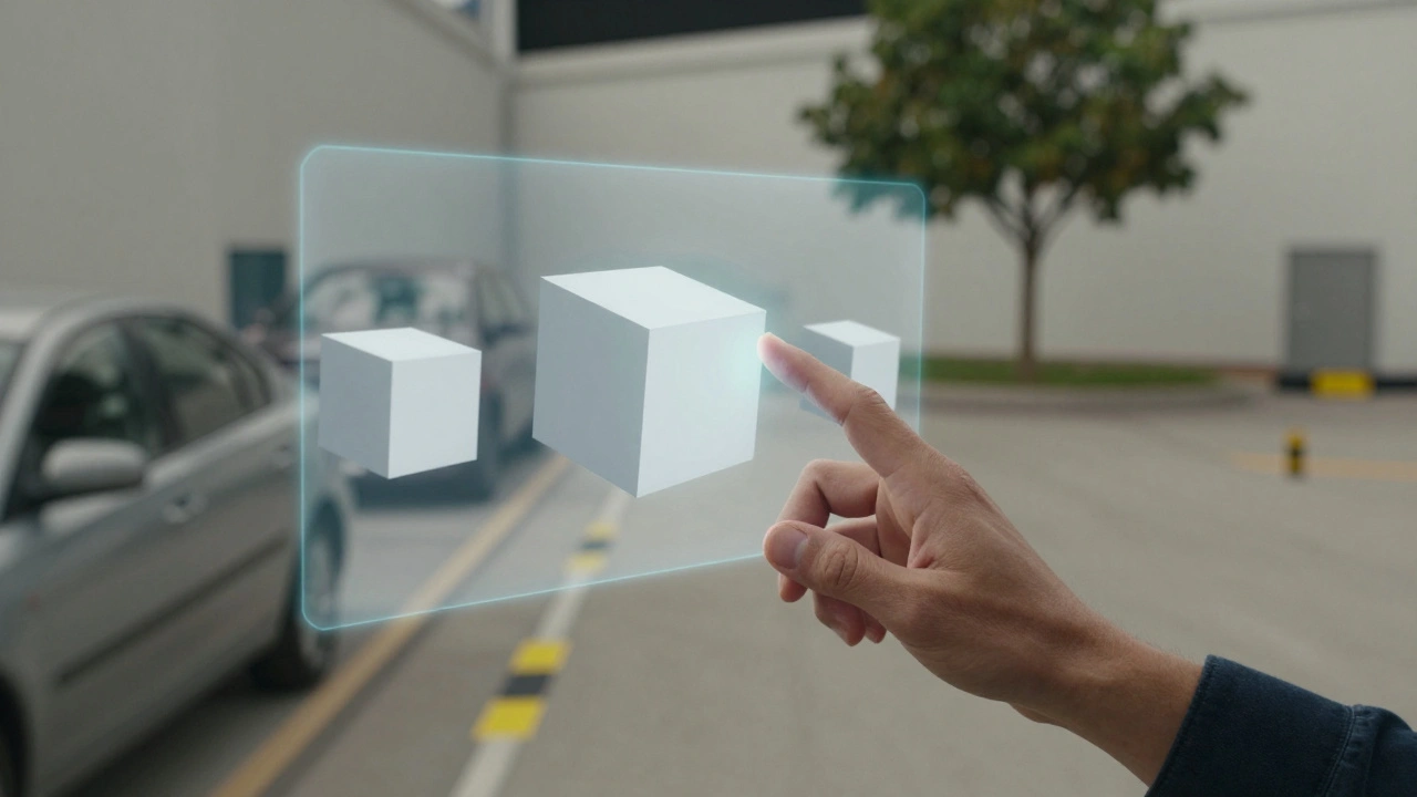 Hand interacting with holographic 3D proxies aligned with real-world film set