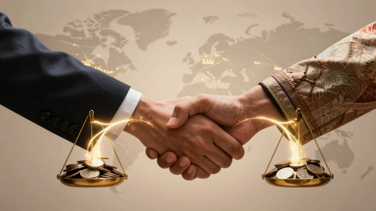 Hands shaking over balanced scales of USD and JPY coins representing natural hedging