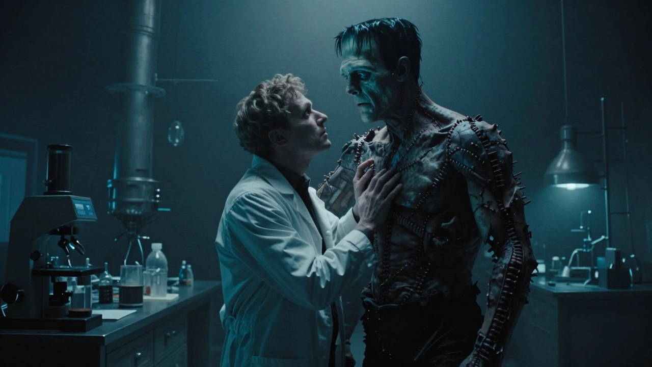 Intimate, gothic scene of scientist and monster, symbolizing queer subtext in classic films
