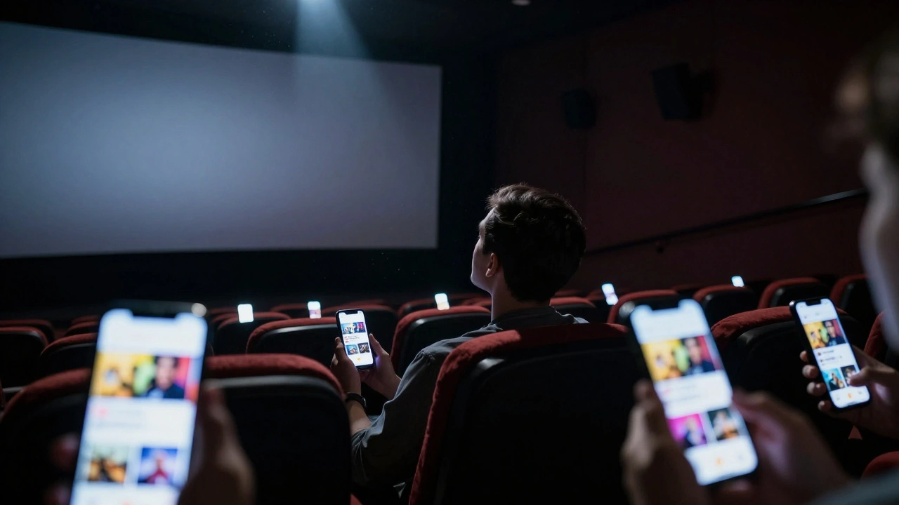 Lone viewer in an empty theater with glowing smartphone streaming apps in the foreground.