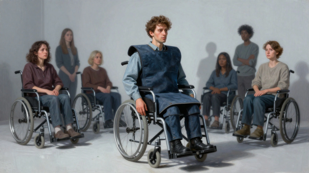 Non-disabled actor in fake wheelchair costume, shadows of real disabled people behind