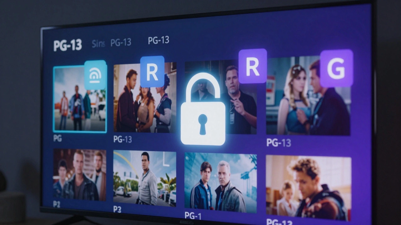 Streaming TV screen showing digital locks and age rating symbols for content.