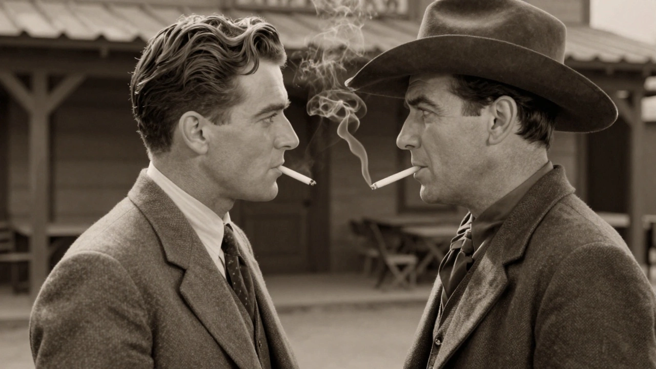 Two Golden Age actors sharing a cigarette with intense, lingering eye contact.