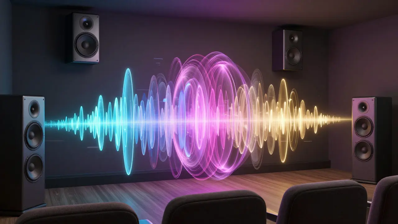 3D visualization of spatial sound waves surrounding a theater audience