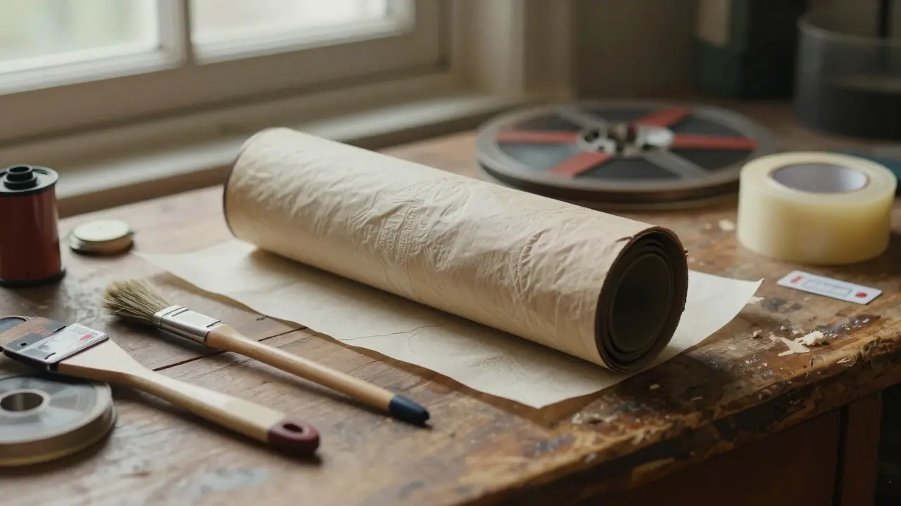 A 35mm film reel wrapped in tissue paper inside a rigid shipping tube