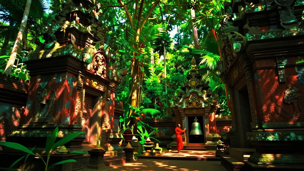 A brightly lit tropical temple in Thailand with vibrant green and red hues, featuring a chanting monk and ancient carvings.