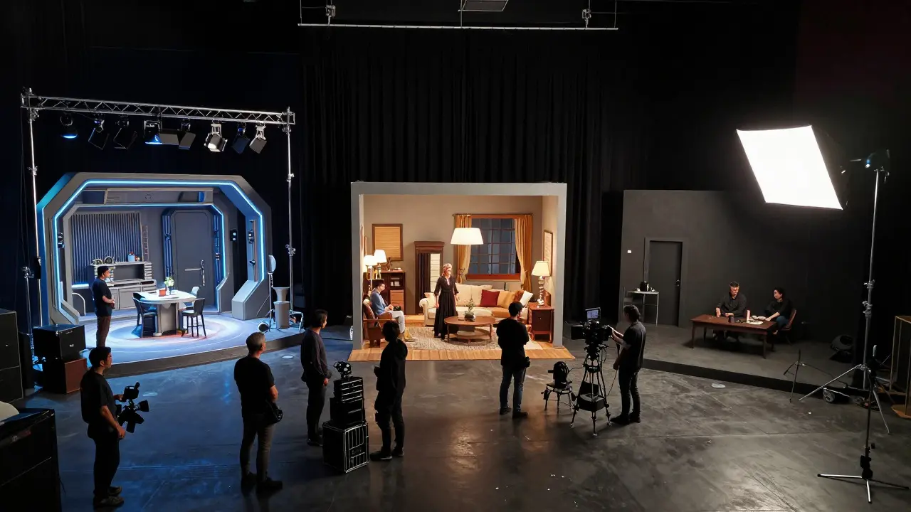 A busy movie studio set divided into three distinct areas being prepared for different genre segments simultaneously.