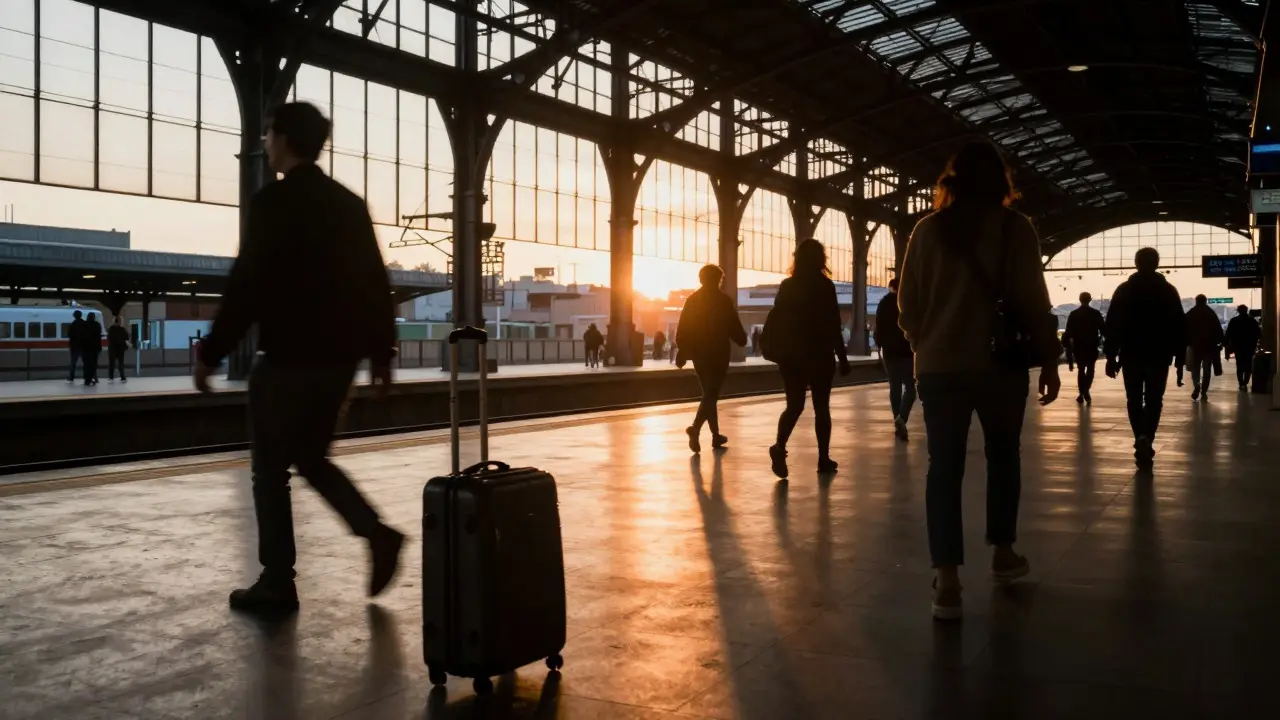 A busy train station platform at sunset illustrating layered environmental sounds