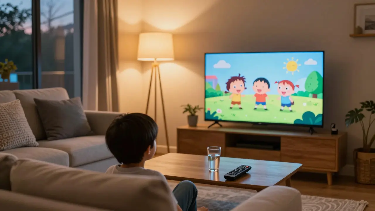A child watching cartoons on a TV in a cozy family living room