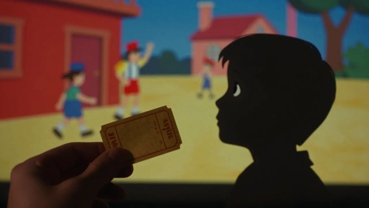 A close-up of a trembling hand holding a movie ticket next to a child's silhouette