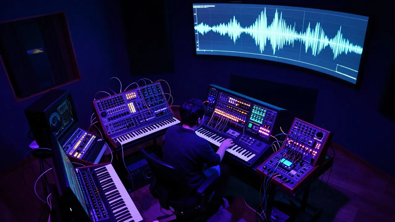 A composer working with complex modular synthesizers in a dark studio