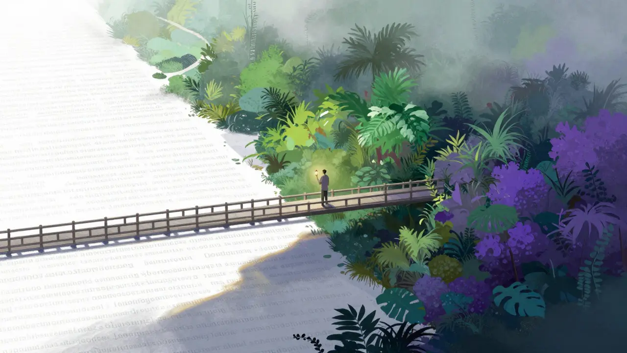 A conceptual bridge connecting an orderly paved path to a wild, misty forest