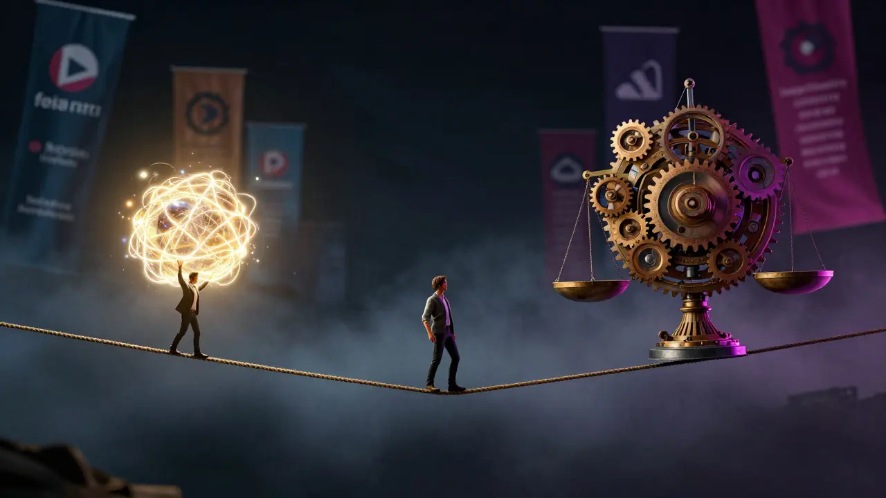 A conceptual figure balancing creative light and mechanical legal structures on a tightrope over a void.