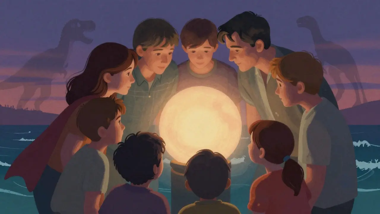 A conceptual illustration of a family surrounding a glowing light with adventure motifs