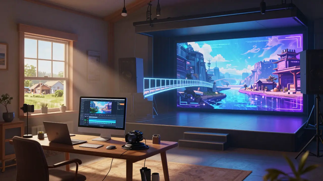 A conceptual image linking a home studio setup to a high-tech virtual production stage via a beam of light.