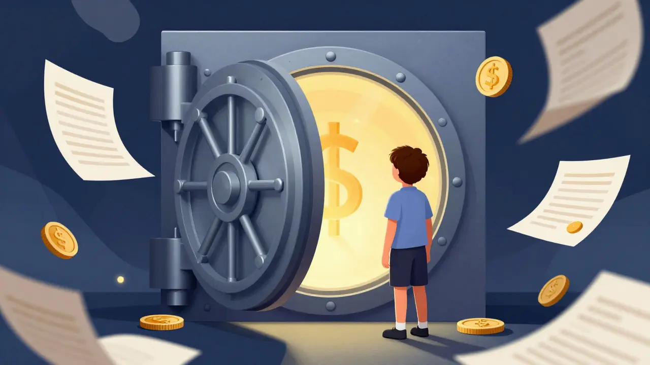 A conceptual image of a child standing next to a secure vault representing protected funds
