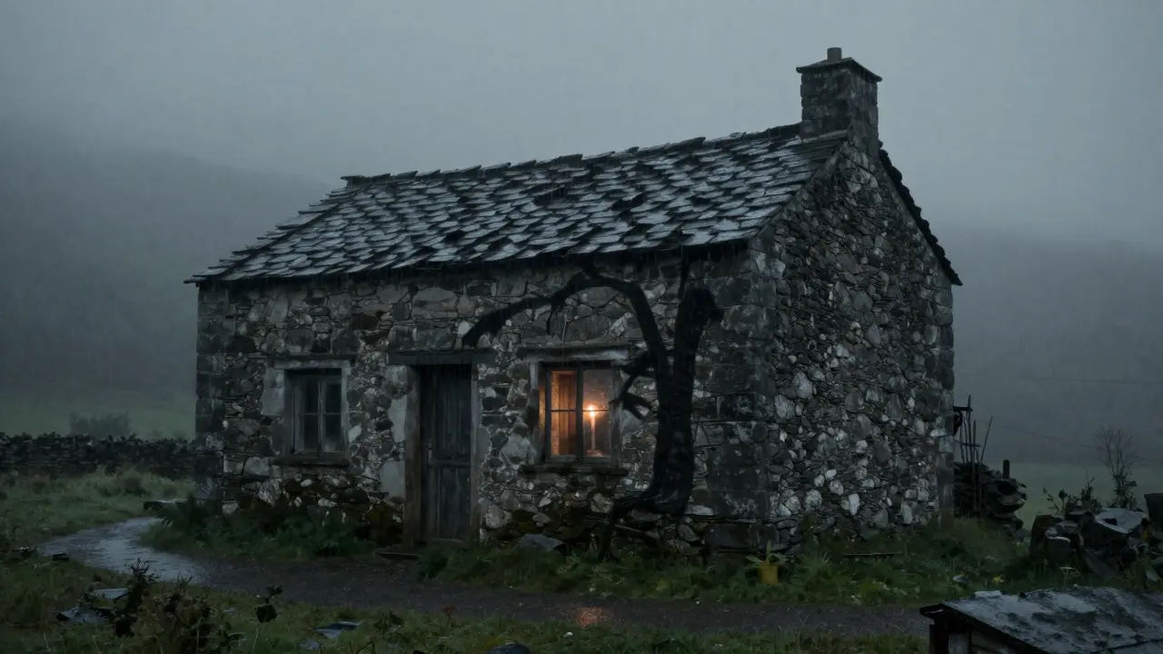 A dark, foggy stone farmhouse in rural Spain illuminated by a single candle