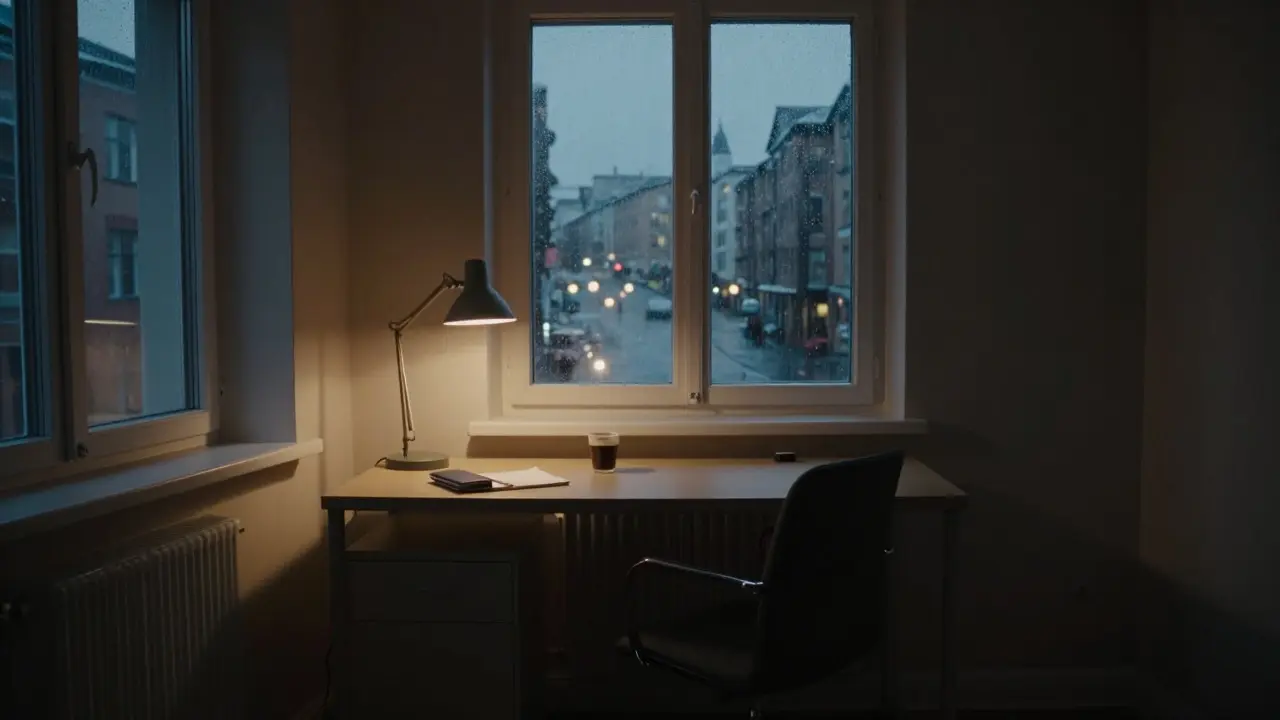 A dimly lit, empty detective's office with rain on the window and a single lamp