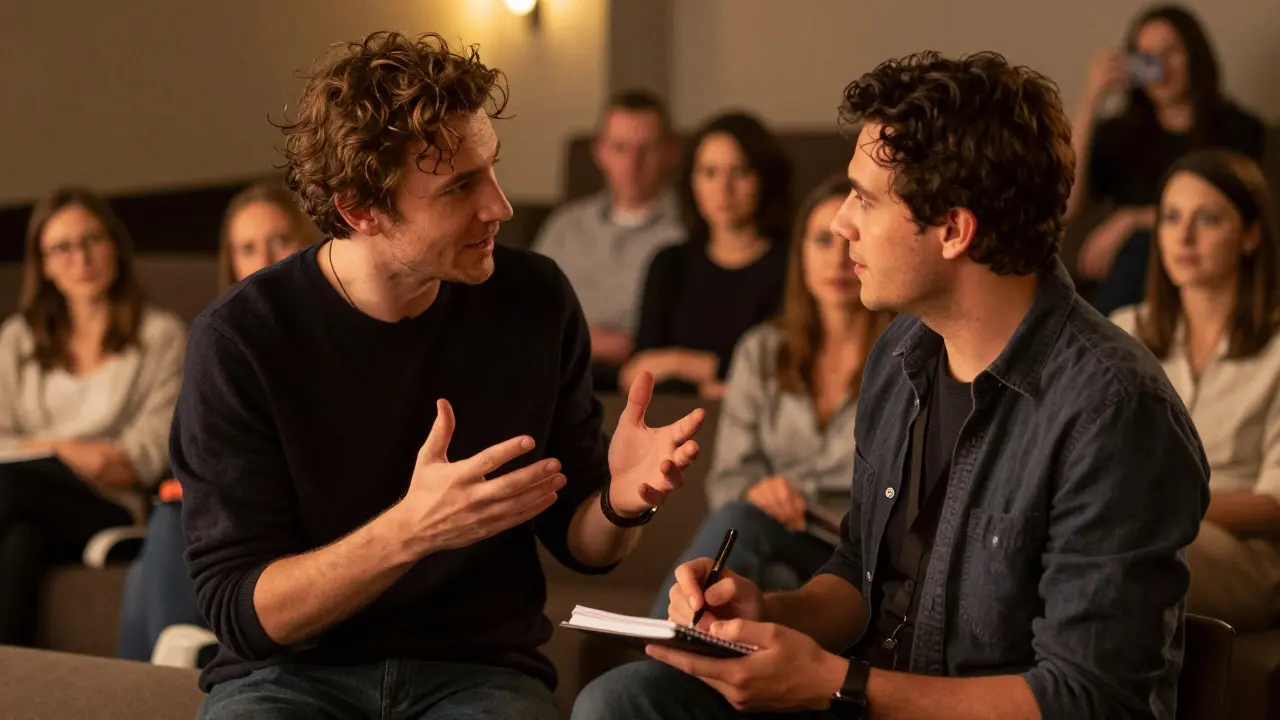 A director and critic having a candid conversation after a film screening
