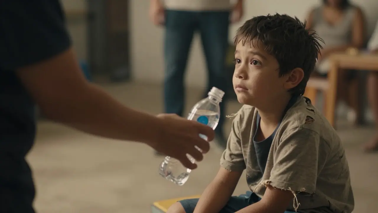 A director offering water to a resting child actor during a film break