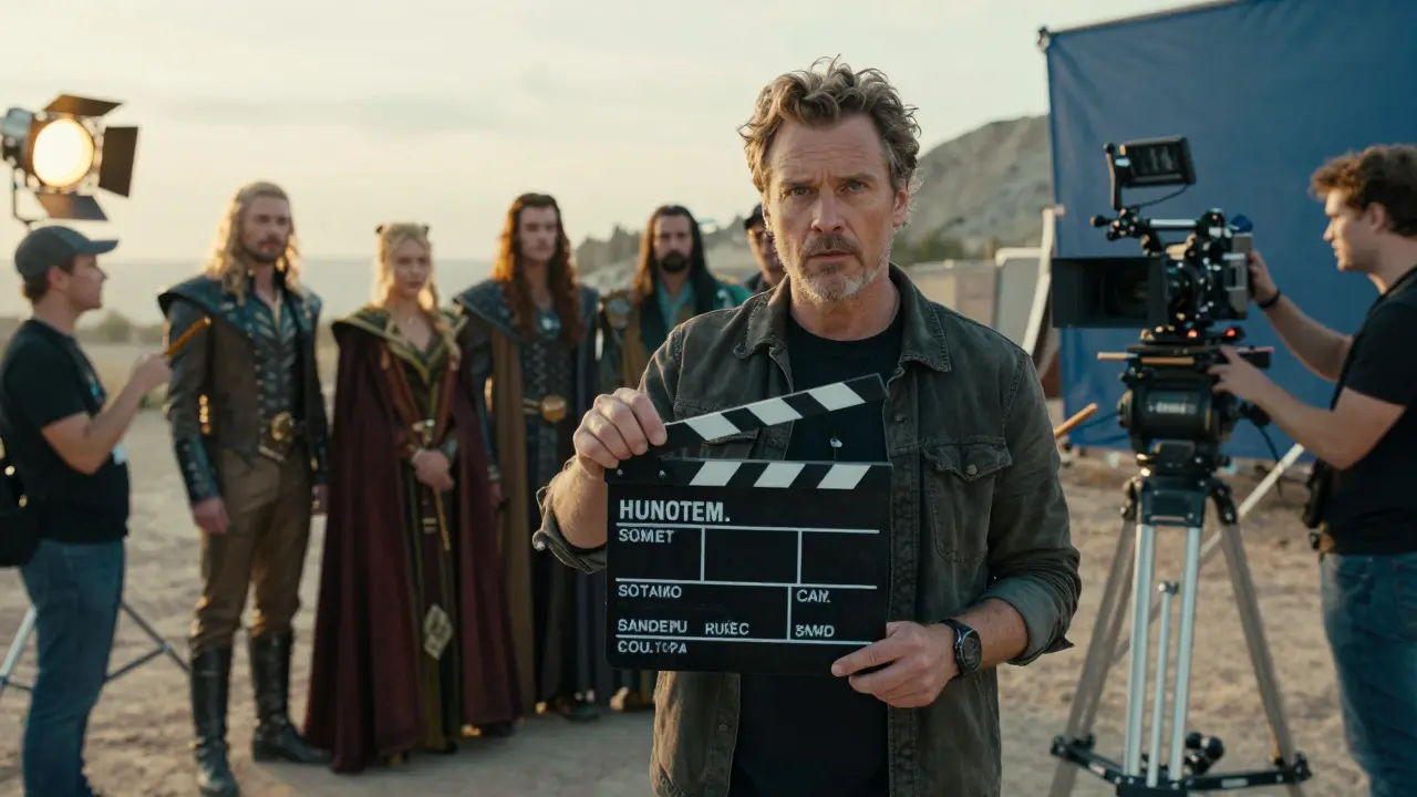 A director on a film set surrounded by crew and actors in fantasy costumes during golden hour