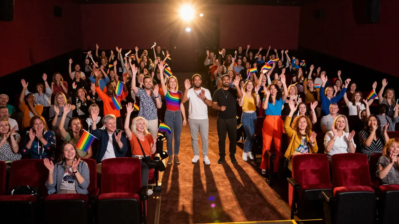 A diverse audience giving a standing ovation to a film crew in a cinema