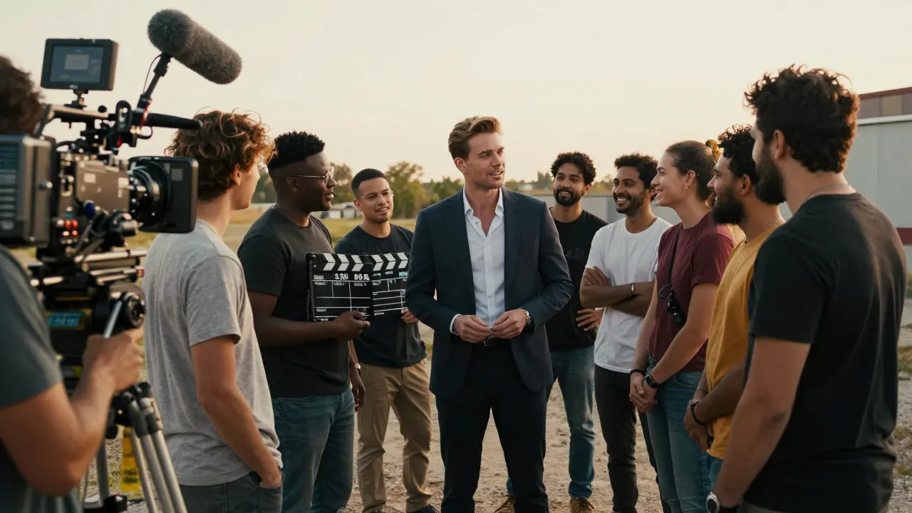 A diverse film crew and cast collaborating harmoniously on a sunlit outdoor movie set.