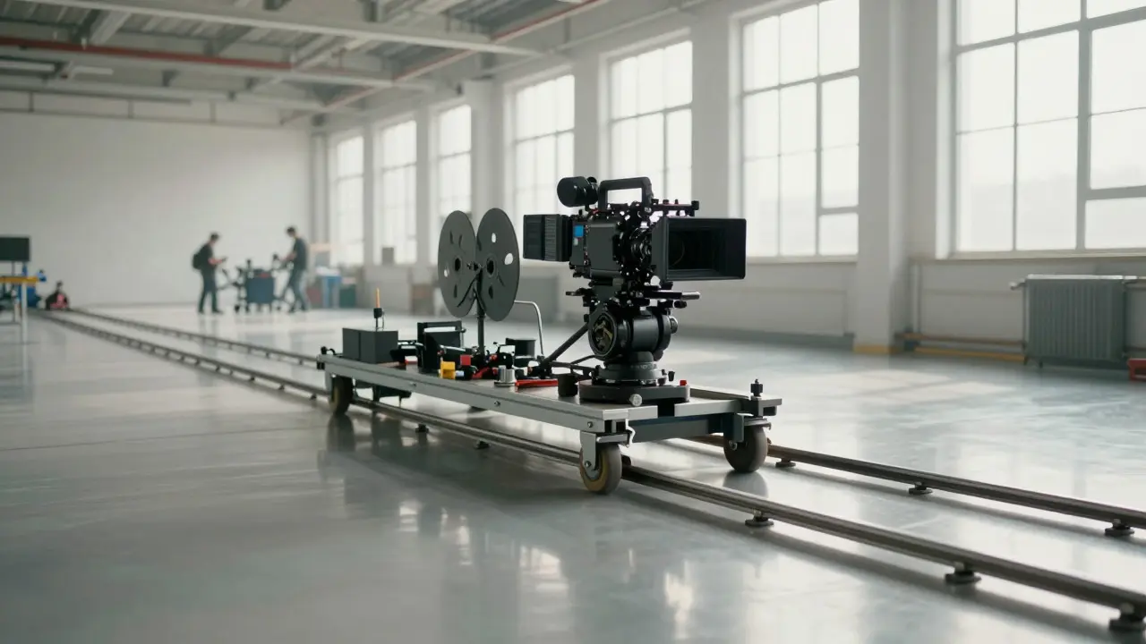 A film dolly moving a camera along smooth metal rails inside a bright studio