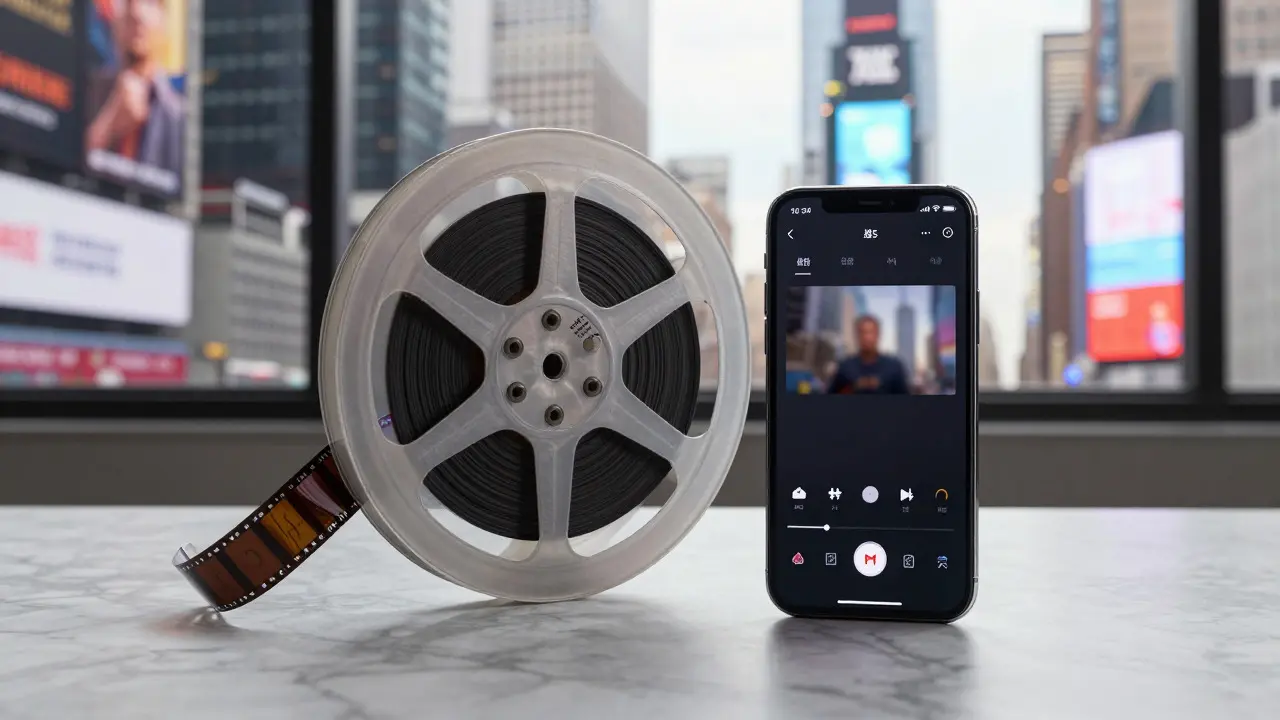A film reel and smartphone on a table with a city skyline featuring billboards in the background