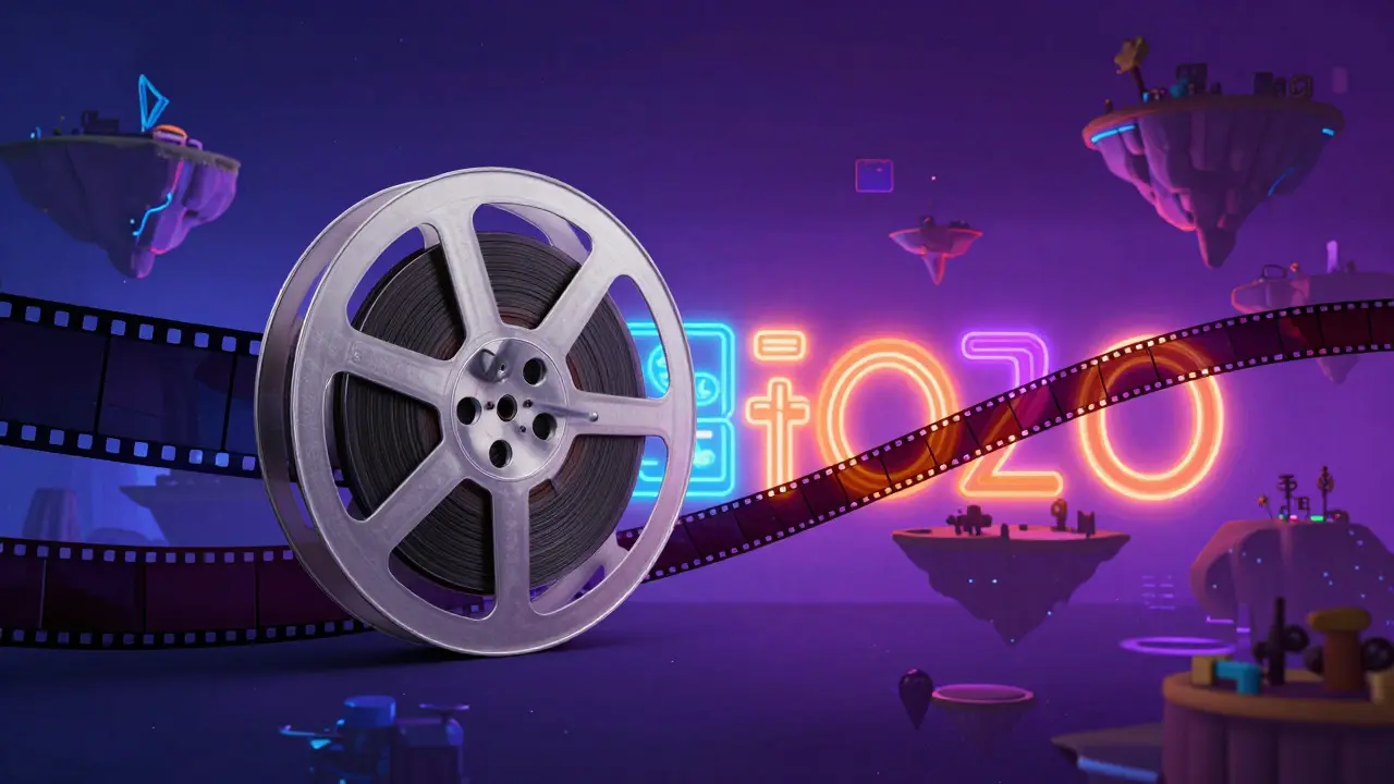 A film reel winding through a vibrant neon-lit digital landscape blending cinema and gaming visuals