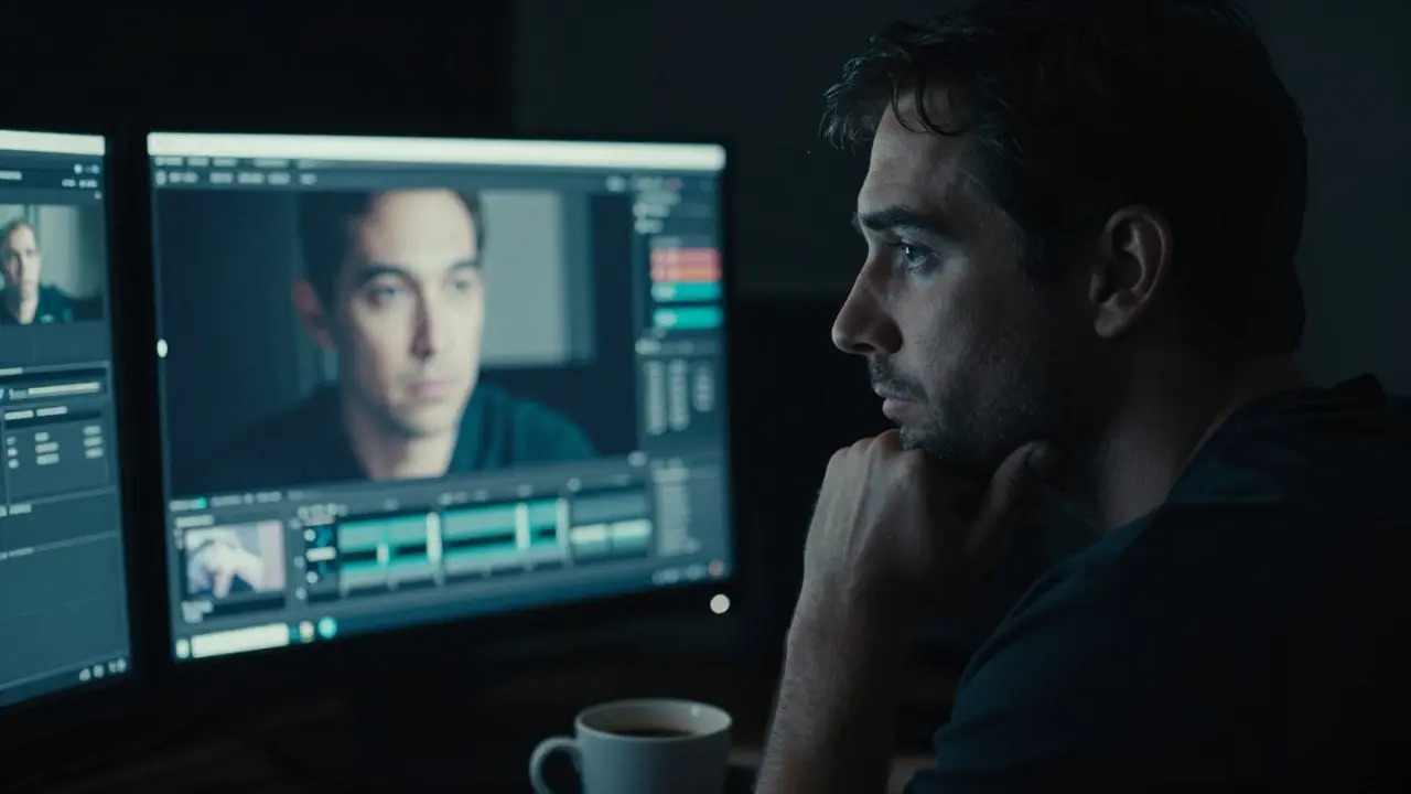 A filmmaker looking thoughtfully at a glowing screen in a dark editing room
